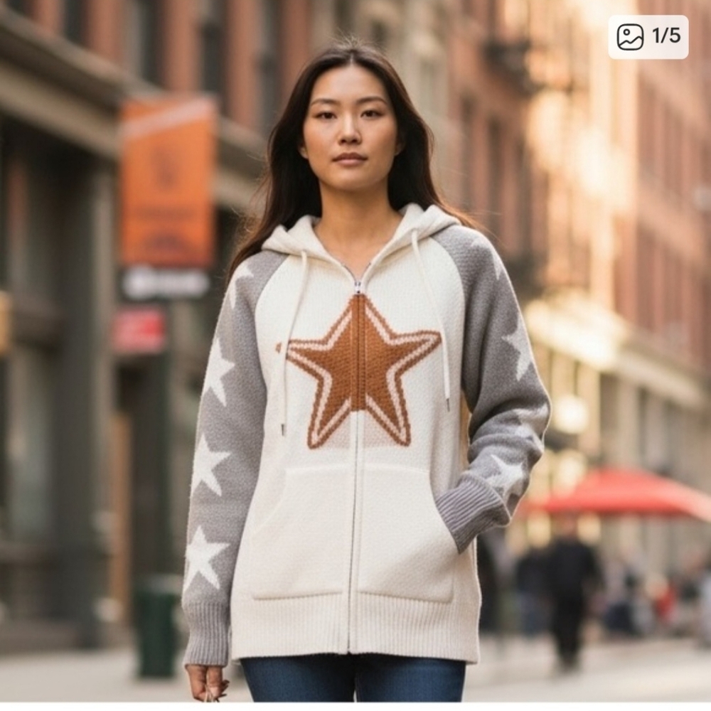 NEW Mazik White Light Brown Gray Star Front & Sleeve Zip Up Knit Hoodie Sweater